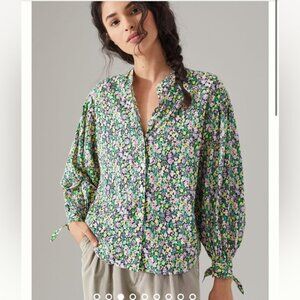 Anthropologie Maeve Ashleigh Floral Puff Sleeved Ties Button Down Oversize Top L